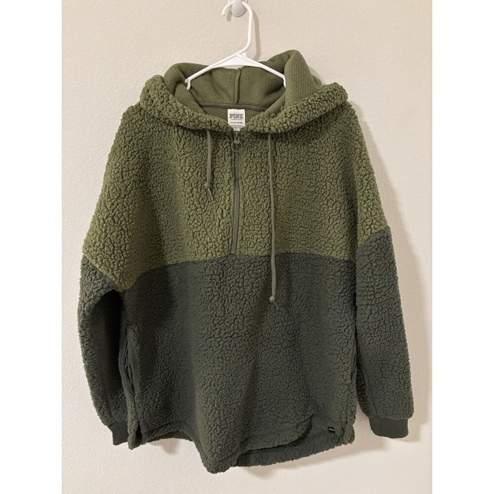 Victoria's Secret Pink Sherpa Quarter Zip Fuzzy Soft Green Size Small